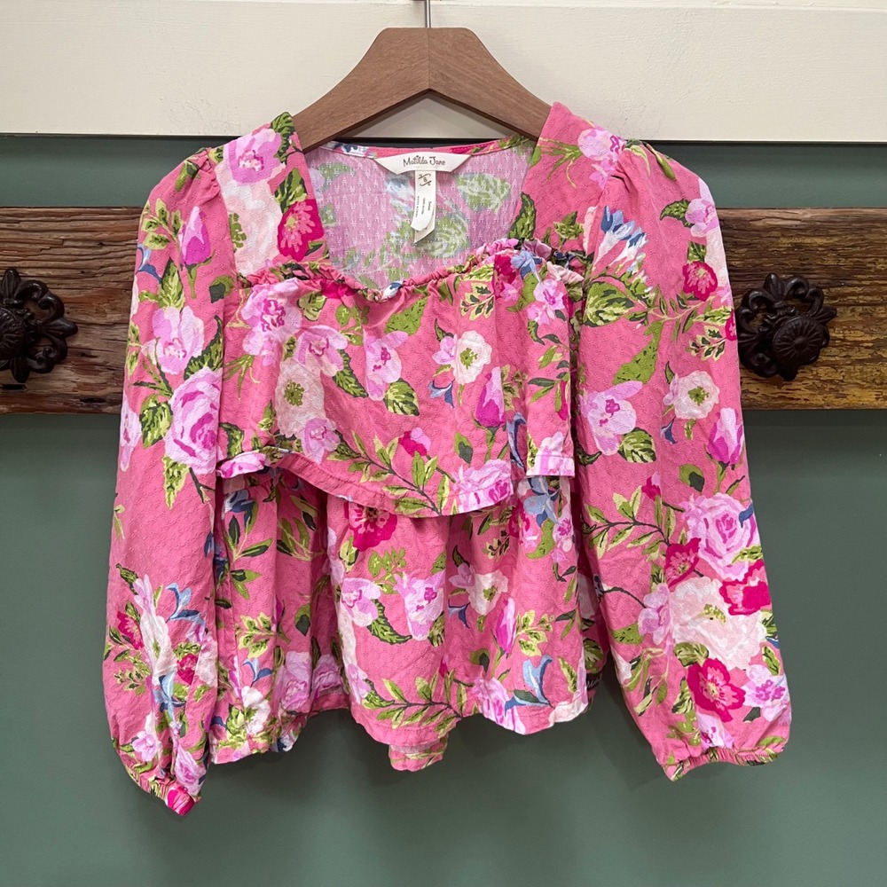 Matilda Jane Girls Pink Floral Ruffle Blouse Long Sleeve Rayon Top Size 8